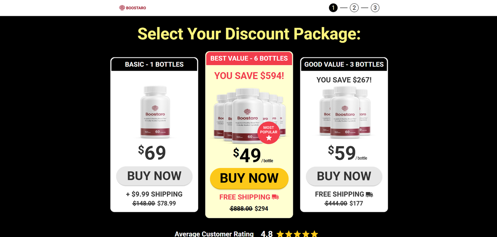 Boostaro package offers: one bottle at $69, six bottles at $49 per bottle, or three bottles at $59 per bottle. Check the official website for current pricing and availability.